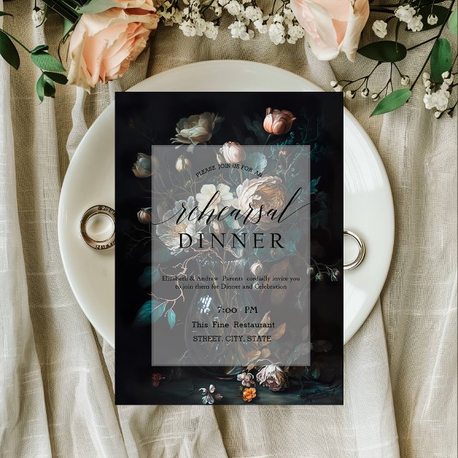 Dark Moody Flowers Black Rehearsal Dinner   Invitation (Creator Uploaded)