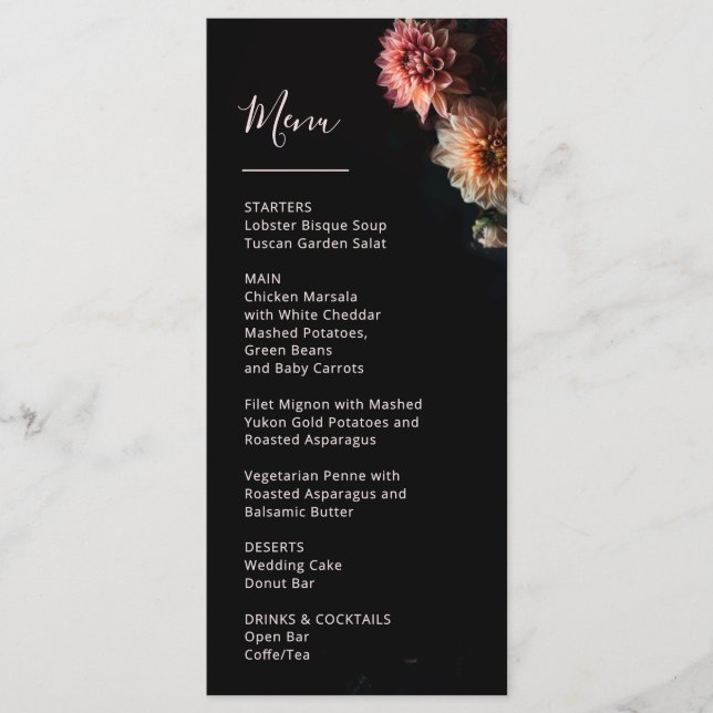 Dark Moody Flowers Chrysanthemum Wedding Menu (Front)