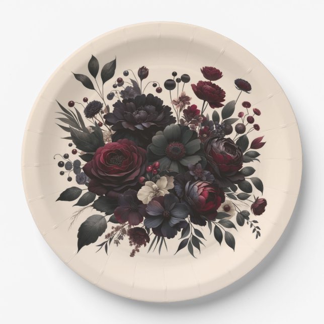 Dark Moody Flowers Elegant Floral Cream Wedding  Paper Plate (Front)
