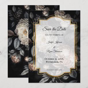 Dark moody flowers wedding save the date announcement