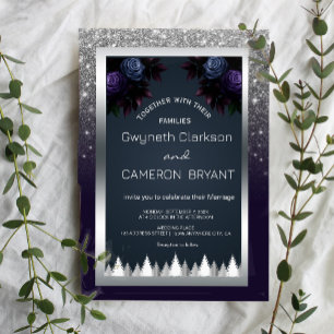 Dark Moody Glitter Silver Navy Blue Florals Invitation