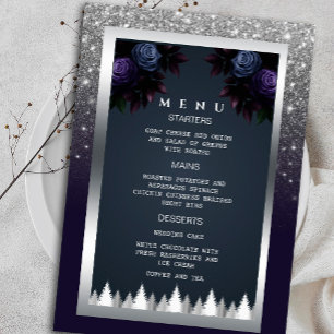 Dark Moody Glitter Silver Navy Blue Florals Menu Invitation