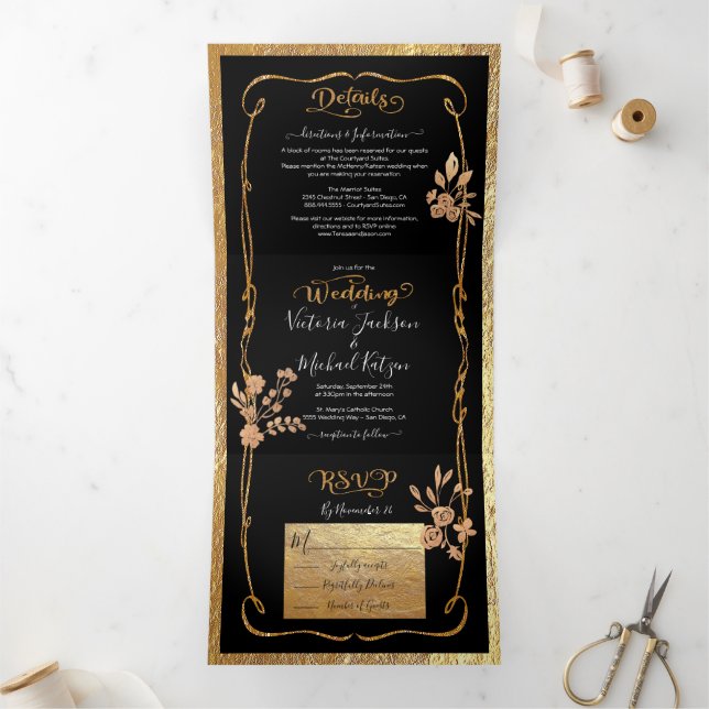 Dark & Moody Gold and Black Floral Wedding Tri-Fold Invitation (Inside)