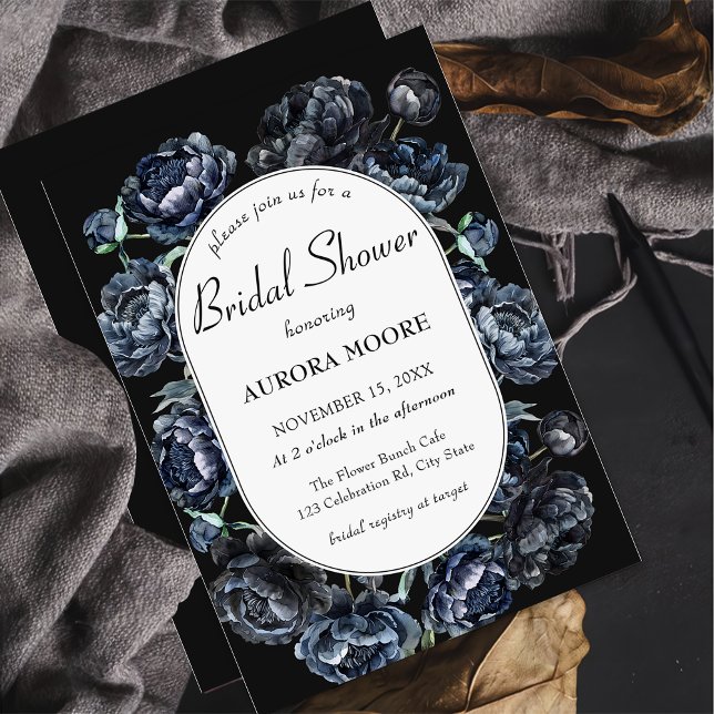 Dark Moody Gothic Blue Floral Bridal Shower Invitation (Creator Uploaded)