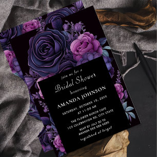 Dark Moody Gothic Purple Flower Bridal Shower Invitation