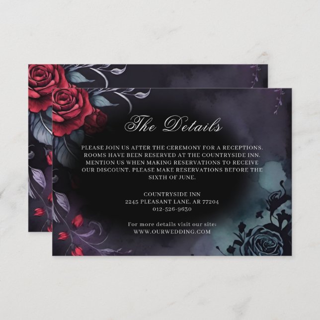 Dark Moody Gothic Red Rose Purple Wedding Enclosure Card (Front/Back)