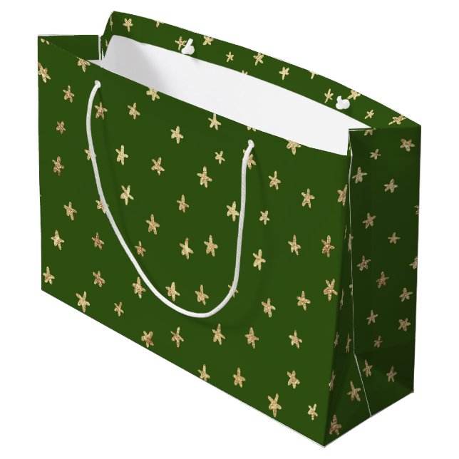 Dark Moody Green Gold Star Pattern Large Gift Bag (Back Angled)