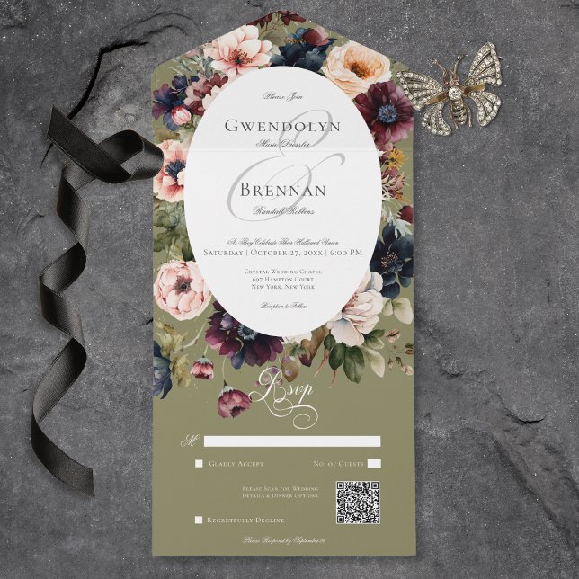 Dark Moody Green Oval Floral Frame QR Code All In One Invitation (Dark Moody Green Oval Floral Frame QR Code All In One Invitation)