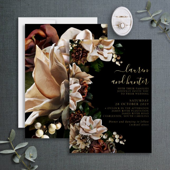 Dark Moody Magnolia Script Floral Wedding Gold (Creator Uploaded)