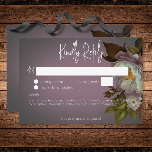 Dark Moody Mauve Floral Modern Wedding No Dinner RSVP Card (Dark Moody Mauve Floral Modern Wedding No Dinner RSVP Card)
