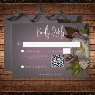 Dark Moody Mauve Floral Modern Wedding QR Code RSVP Card