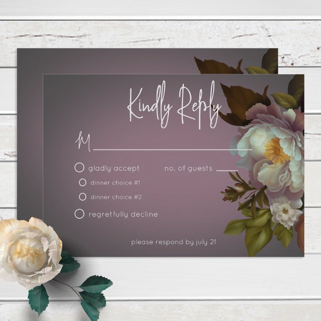 Dark Moody Mauve Floral Modern Wedding RSVP Card (Creator Uploaded)