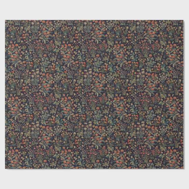 Dark Moody Midnight Forest Floral Botanical Wrapping Paper (Flat)