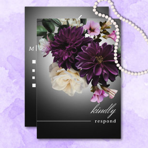Dark Moody Midnight Purple Floral Romance Dinner RSVP Card