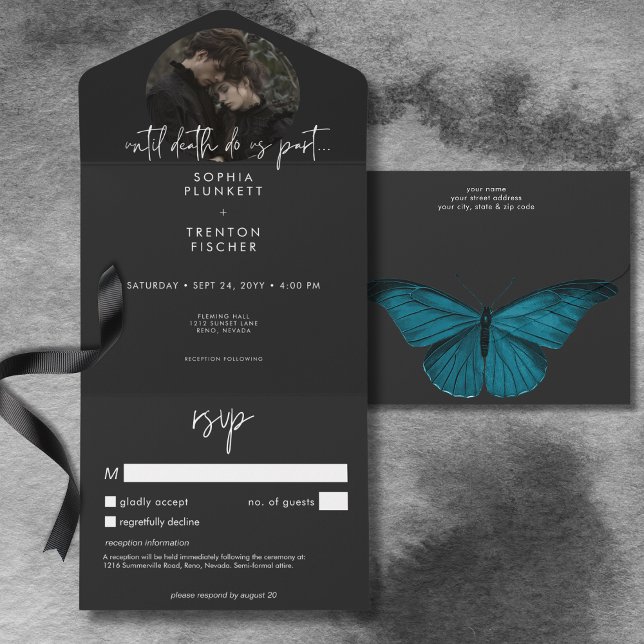 Dark Moody Minimal Moth Photo with Details Wedding All In One Invitation (Dark Moody Minimal Moth Photo with Details Wedding All In One Invitation)