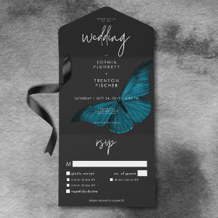 Dark Moody Minimal Teal Moth Dinner Wedding All In One Invitation