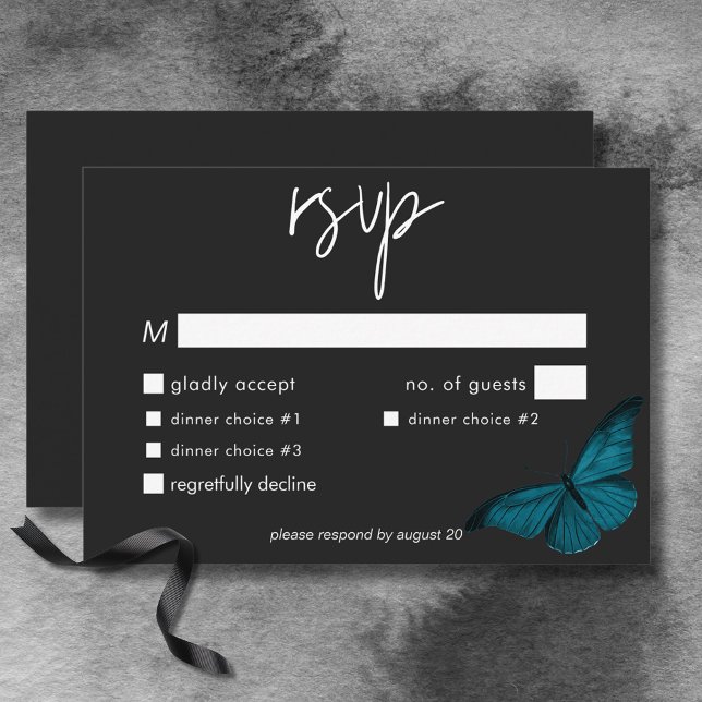 Dark Moody Minimal Teal Moth Wedding Dinner RSVP Card (Dark Moody Minimal Teal Moth Wedding Dinner RSVP Card)