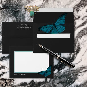 Dark Moody Minimal Teal Moth Wedding Envelope