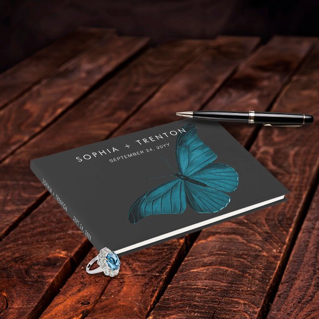 Dark Moody Minimal Teal Moth Wedding Guest Book (Creator Uploaded)