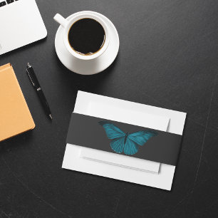 Dark Moody Minimal Teal Moth Wedding Invitation Belly Band