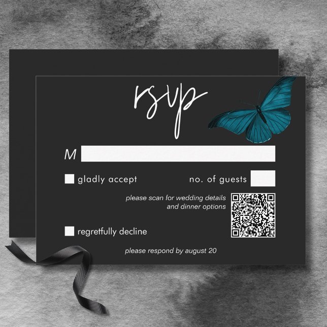 Dark Moody Minimal Teal Moth Wedding QR Code RSVP Card (Dark Moody Minimal Teal Moth Wedding QR Code RSVP Card)