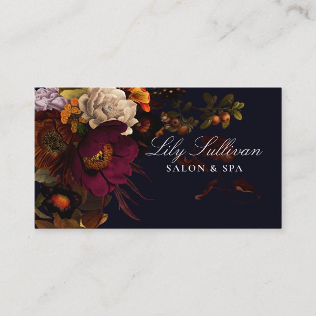 Dark Moody Night Autumn Floral Logo Business Card (Front)