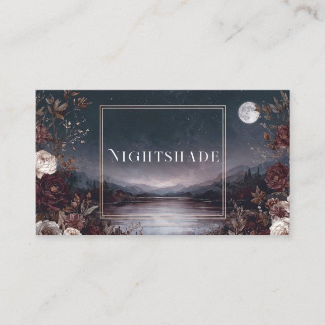 Dark Moody Night Sky Full Moon Botanical Lake Business Card (Front)
