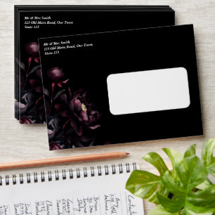 Dark moody noir burgundy peonies elegant  envelope