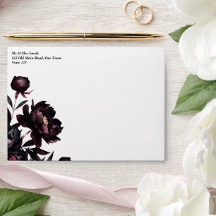 Dark moody noir burgundy peonies elegant  envelope