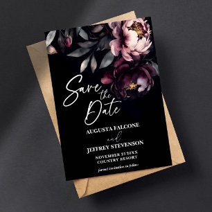 Dark moody noir elegant burgundy peonies save the date