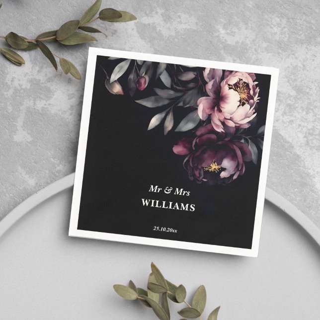 Dark moody noir elegant burgundy peonies template napkin (Dark moody noir elegant burgundy peonies template napkins personalized wedding tableware)