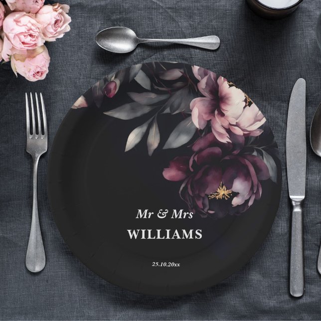Dark moody noir elegant burgundy peonies template paper plate (Dark moody noir elegant burgundy peonies template paper plates personalized wedding tableware)