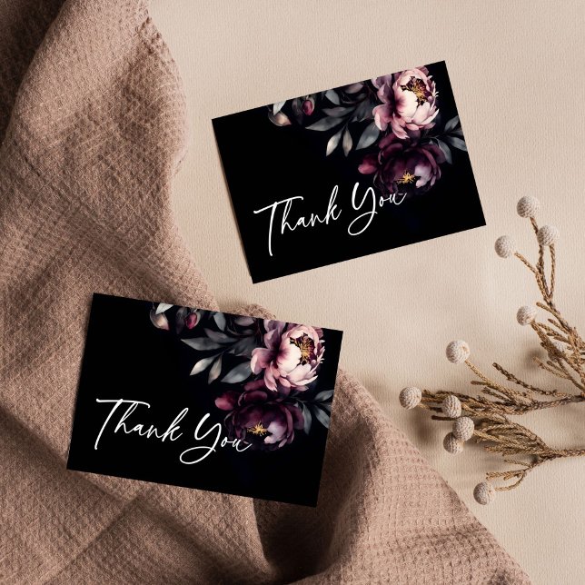Dark moody noir elegant burgundy peonies thank you card (Dark moody noir elegant burgundy peonies wedding thank you card bridal shower thank you birthday)