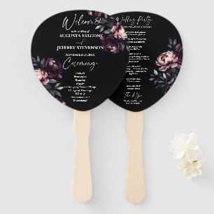 Dark moody noir elegant wedding program hand fan