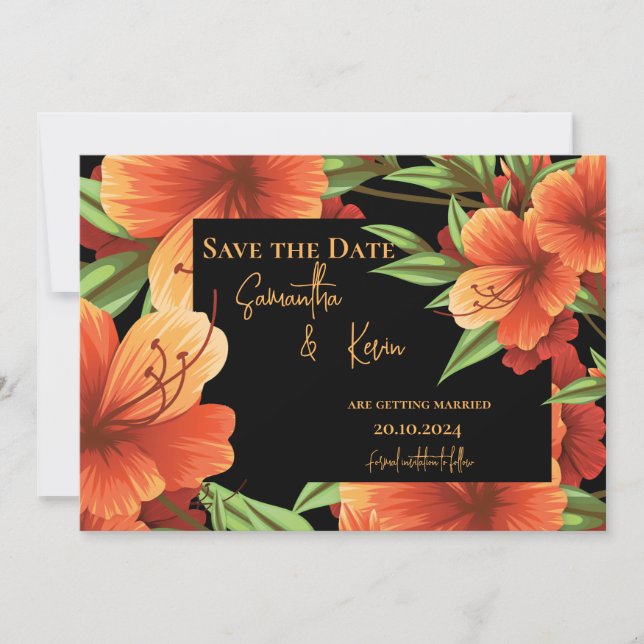 Dark Moody Orange Floral Wedding Save The Date (Front)
