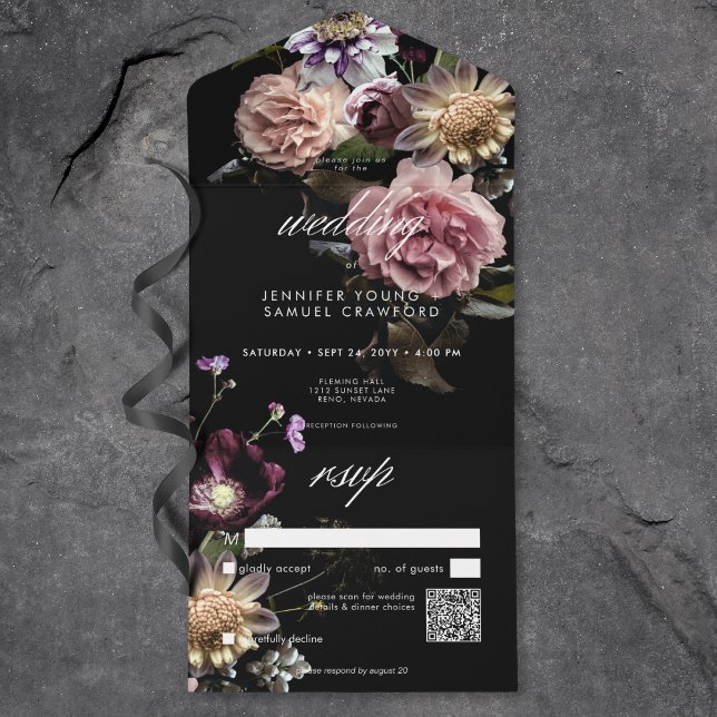 Dark Moody Pastel Opulent Floral Black QR Code All In One Invitation (Dark Moody Pastel Opulent Floral Black QR Code All In One Invitation)