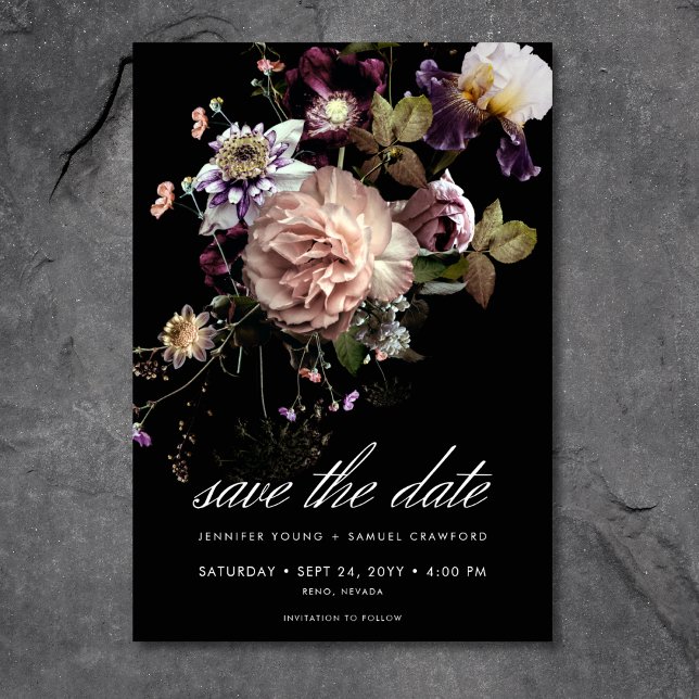 Dark Moody Pastel Opulent Floral Black Wedding Save The Date (Dark Moody Pastel Opulent Floral Black Wedding Save the Date Card)