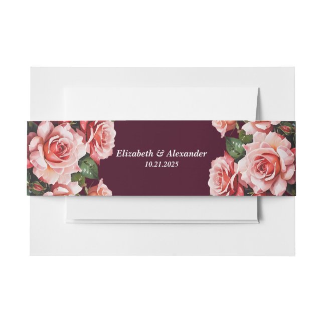 Dark moody pink and red roses burgundy wedding invitation belly band (Front Example)