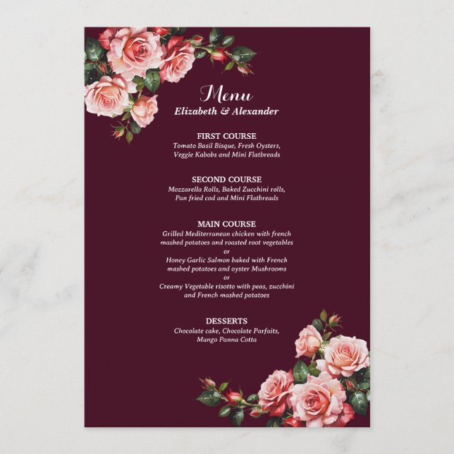 Dark moody pink and red roses burgundy  wedding menu (Front)