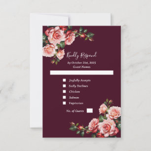 Dark moody pink and red roses burgundy wedding RSVP card