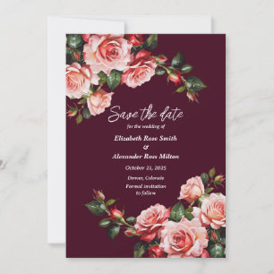 Dark moody pink and red roses burgundy wedding save the date