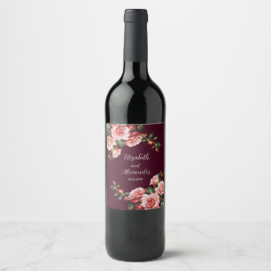 Dark moody pink and red roses burgundy  wedding  wine label