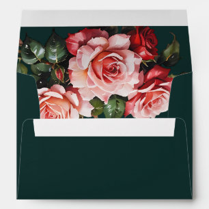 Dark moody pink and red roses floral wedding envelope