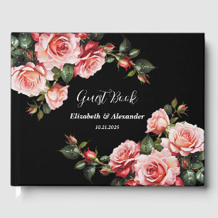 Dark moody pink and red roses floral wedding guest book