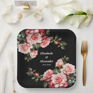 Dark moody pink and red roses floral wedding paper plate