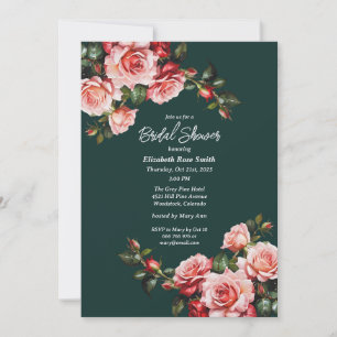 Dark moody pink and red roses green bridal shower invitation