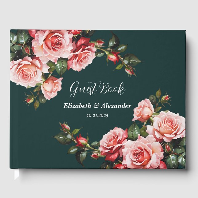 Dark moody pink and red roses green wedding guest book (Front)
