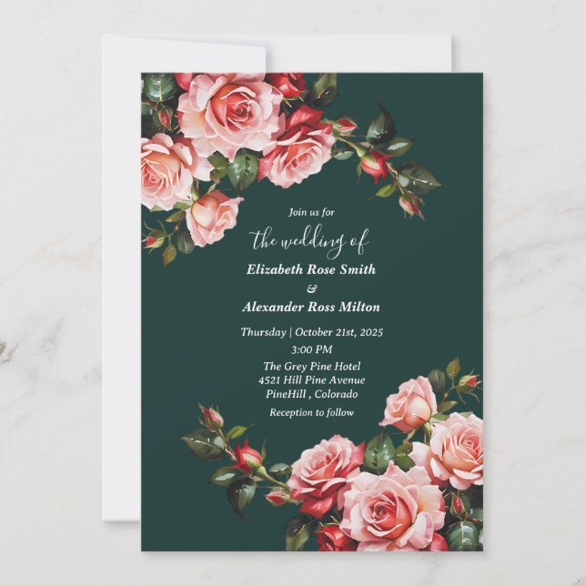 Dark moody pink and red roses green wedding invitation (Front)