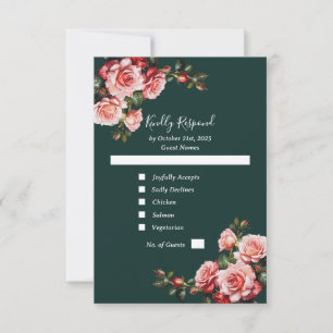 Dark moody pink and red roses green wedding RSVP card
