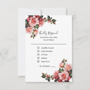 Dark moody pink and red roses green wedding RSVP card